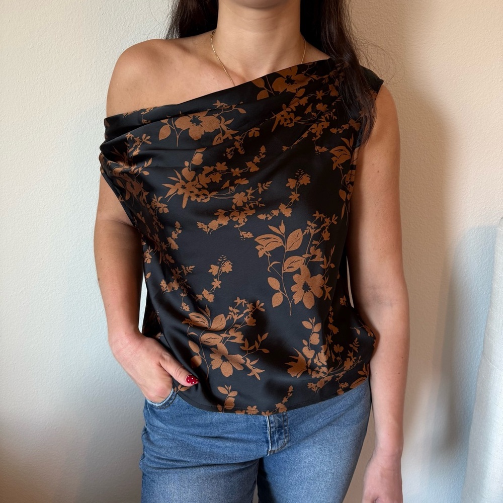 A New Day Black and Brown Floral Print Asymmetric Off-Shoulder Satin Blouse Top